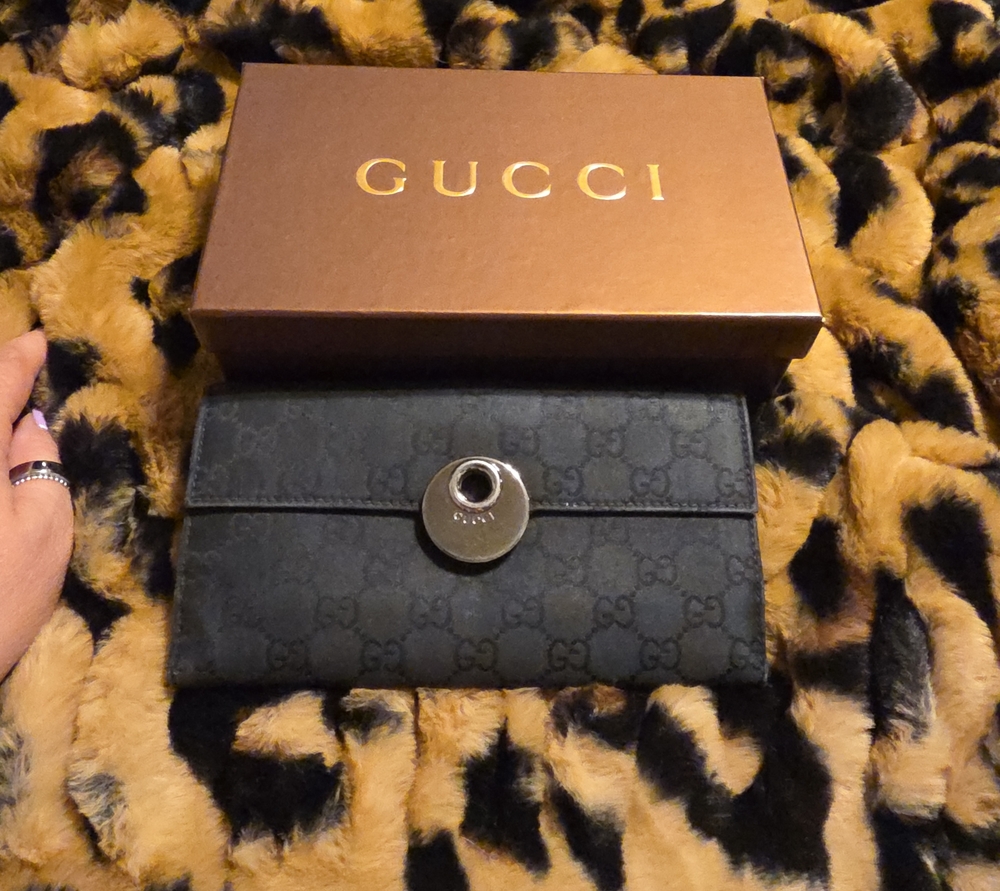 Gucci Black GG Monogram Continental Wallet with Silver Tone Snap